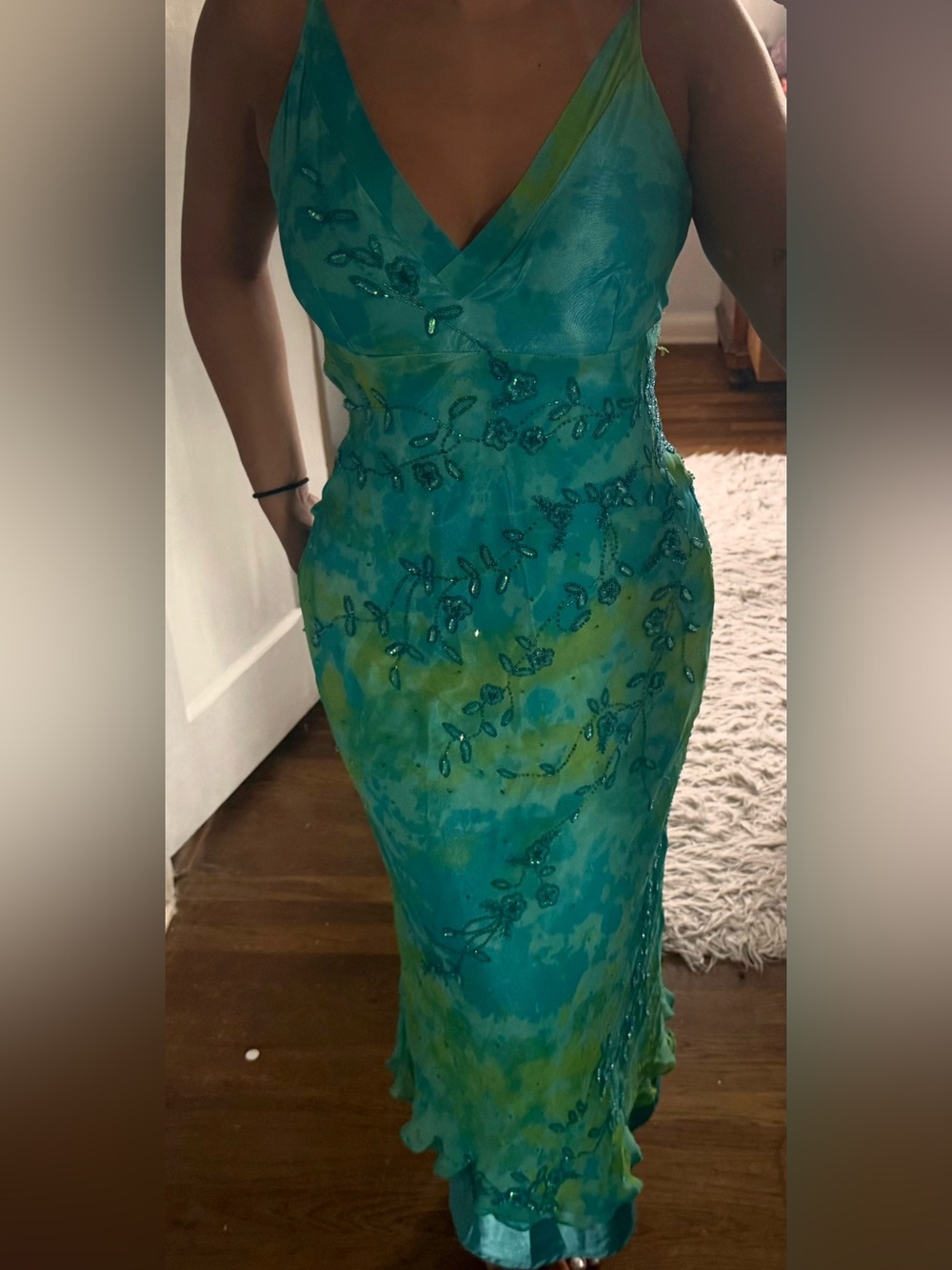 MARINA Teal and Lime Beaded V-Neck Prom Dress